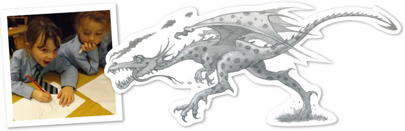 Kids drawing, and a dragon sketch